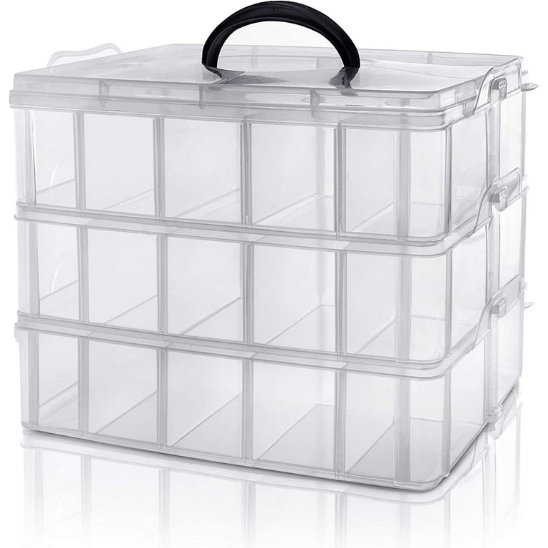 Kurtzy 3 Tier 30 Compartments Stackable Storage Box - Plastic Storage Box with Adjustable Compartments - Transparent Container for Storing & Orga