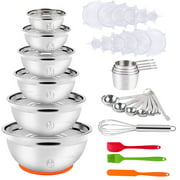 WEPSEN Mixing Bowls with Lid Set, 35PCS Kitchen Utensils Stainless Steel Nesting Bowls, Measuring Cups and Spoons, 12 Reusable Silicone Stretch Lids Non-Slip Mat Egg Whisk for Baking Prepping Cooking