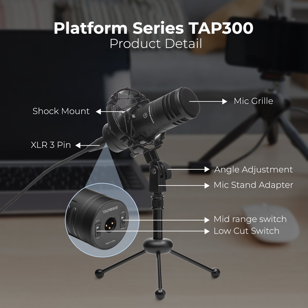 Turnstile Audio Platform Series TAP500 Cardioid Dynamic Broadcast Microphone for Podcast, Recording, Music, Speech, Wide-Range Frequency, Natural Sound, Mid-Boost, Streaming, Studio, Low-Cut Function