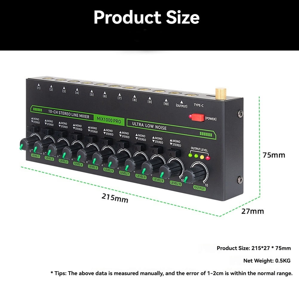 Professional 10 Channel Sound Mixer Low Noise LED Sound Mixer with RGB Light for Sub-Mixing Stereo Switcher US Plug