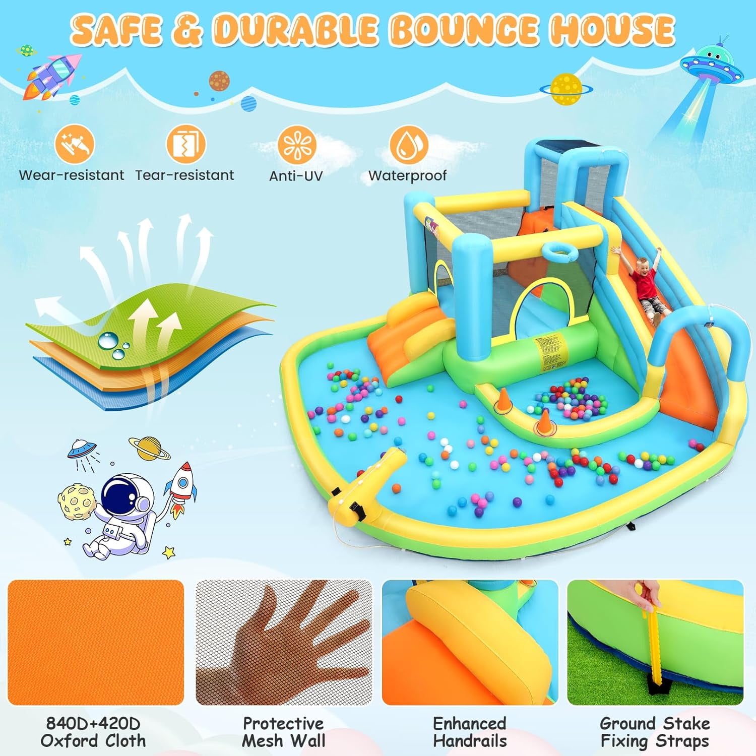 Veeboto Inflatable Water Slide for 3-12 Years, Bounce House with Climbing Wall, Ball Pool, Water Guns, Basketball Hoop, Hoop Game, Indoor/Outdoor Kids Bouncy Castle with Blower