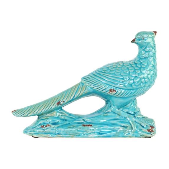Ceramic Wood Pecker Bird Figurine on Branch Base Distressed Gloss Finish Turquoise