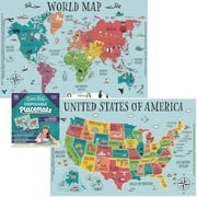 Klean Kids Disposable Placemats For Kids - World & US Educational Map Adhesive Table Top For Restaurant School Tables For Children Learning - 50 Pack