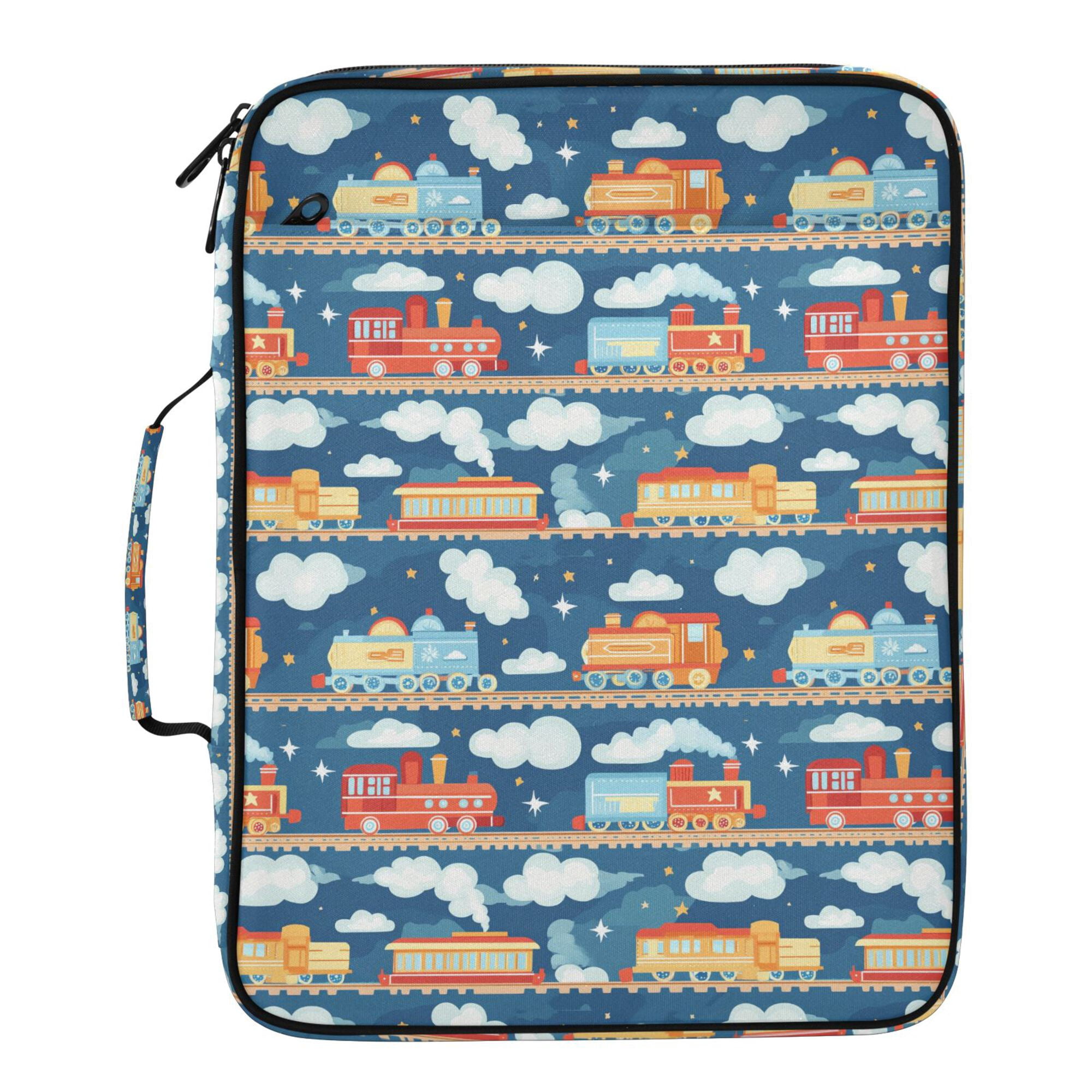 FORMRS Accordion File Folder A4 Size 7-Pocket Expanding Document Organizer Bag with 3 Ring Binder, Blue Cute Train Pattern