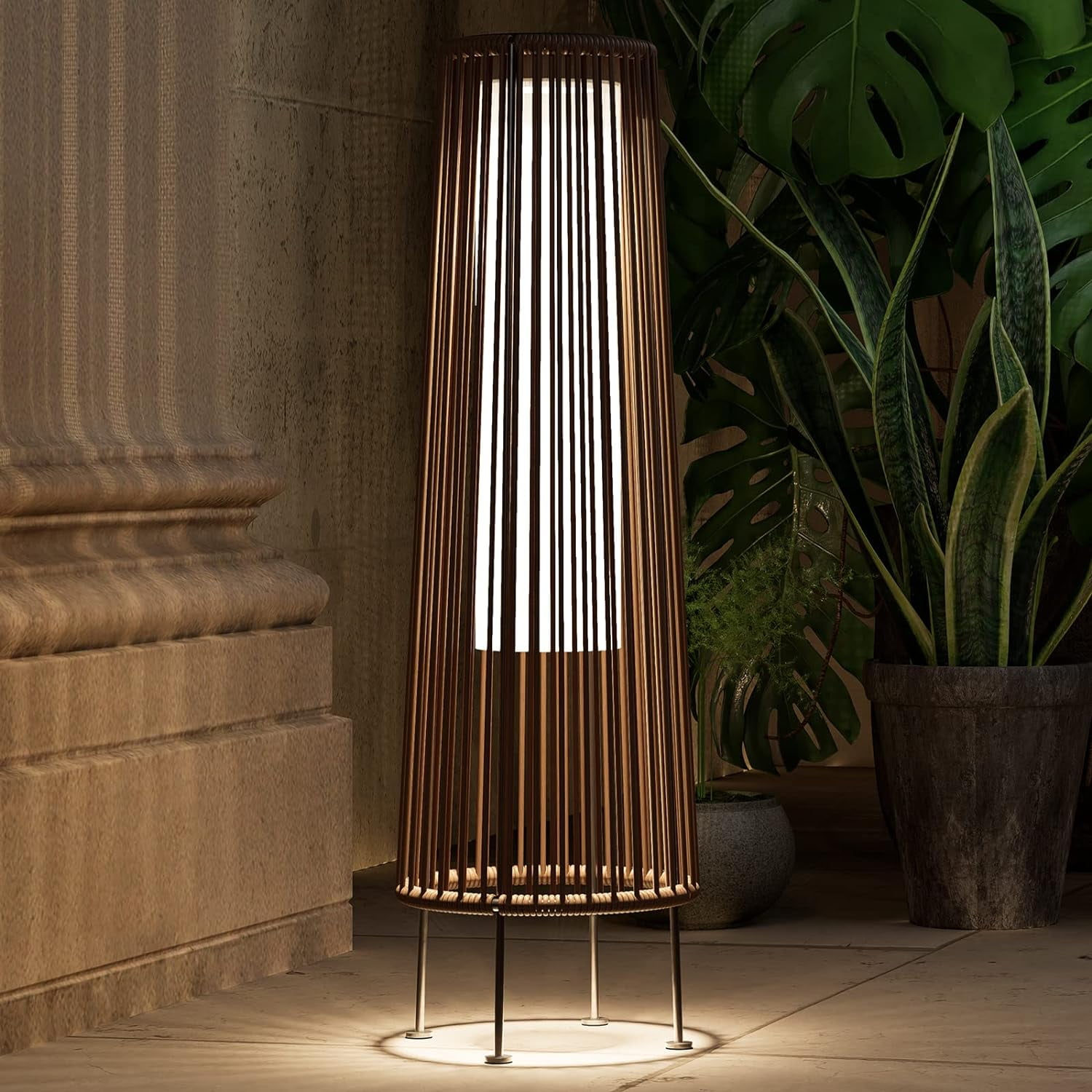 2-Pack Outdoor Floor Solar Light, All-Weather Wicker Patio Lamp, Outdoor/Indoors Lamp, Dark brown