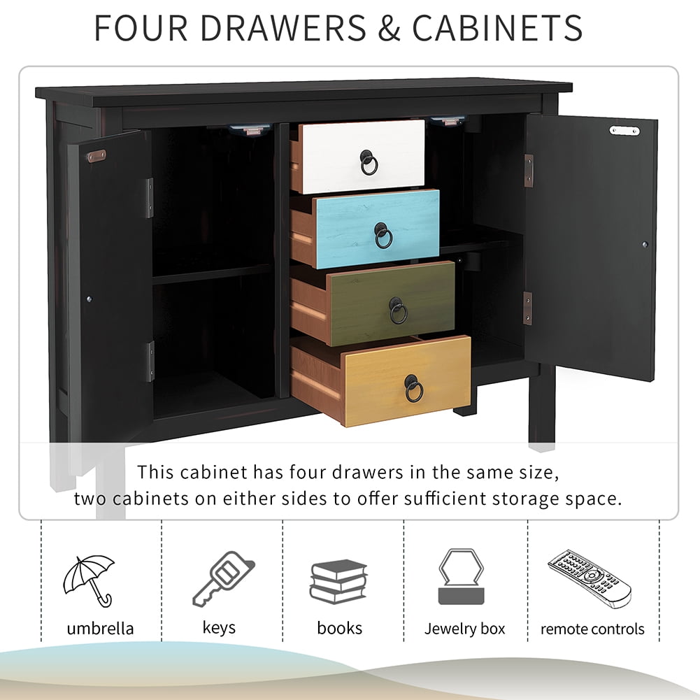 Lowestbest Colorful Pine Wooden Console Table, Sofa Table with Four Drawers and Two Large Cabinets (Black) Lowestbest Colorful Pine Wooden Console Table, Sofa Table with Four Drawers and Two Large Cabinets (Black)