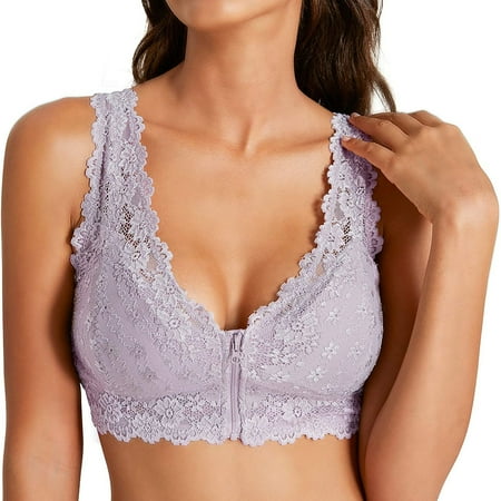 

KUMAYES Women s Floral Lace Bralette Deep V Plunge Wireless Padded Bra Racerback Crop Tops Front Zipper Closure Lingerie Bras