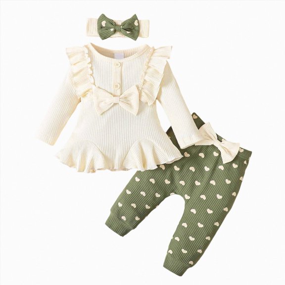 Quealent Newborn Baby Girl Clothes Long Sleeve Ribbed Romper Heart Print Pants Outfit Set for Girl (Beige, 3-6 Months)