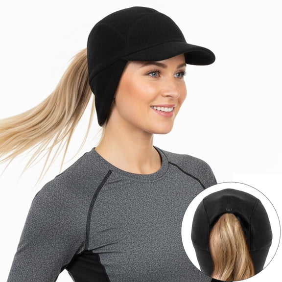 ASTRAEA 1Pack Fleece Winter Hats for Women, Warm Ponytail Winter Hat with Drop Down Ear Flap for Running Hiking, Black