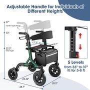 MAXWALK All-Terrain Rollator Walker for Seniors, 10 Rubber Wheels Foldable Walker with Padded Seat, Height Adjustable Mobility Walking Aid, Green