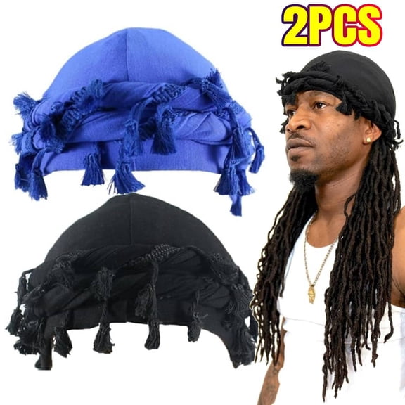2PCS Turban for Men Women Satin Lined Durag Head Wrap Vintage Modal Twist Halo Turban with Tassel (BLACK, BLUE)