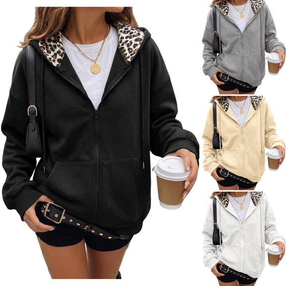 WULMLEO Zip Up Hoodies Women Cute Long Sleeve Leopard Hooded Sweatshirt Tops 2026 Fall Winter Oversized Fashion Jacket with Pockets Black 2XL