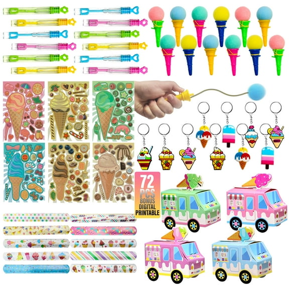 Icecream Party Favor 72 PCS Slap Treat Box Bracelets DIY Stickers Icecream Cone Foam Ball Keychain Bubble Gift Rewards for Kids Candyland Birthday Supply