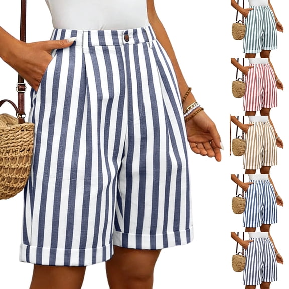 Cotton Linen Striped Shorts for Women 2026 Casual High Waist Pleated Shorts with Pockets Comfy Summer Shorts Blue L