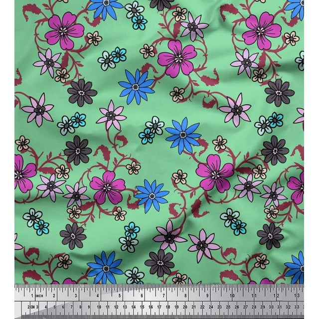 Soimoi Polyester Crepe Fabric Leaves & Floral Artistic Decor Fabric Printed Yard 52 Inch Wide