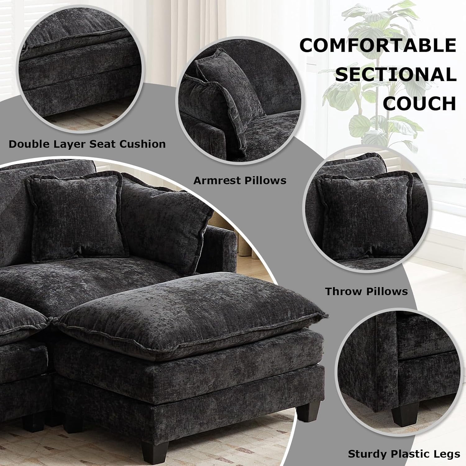 YWEN 77.95" Chenille Sectional Sofa, Comfy Modular Loveseat Sofa, Modern 2-Seat Couch Deep Seat Sofa Set for Living Room,Black
