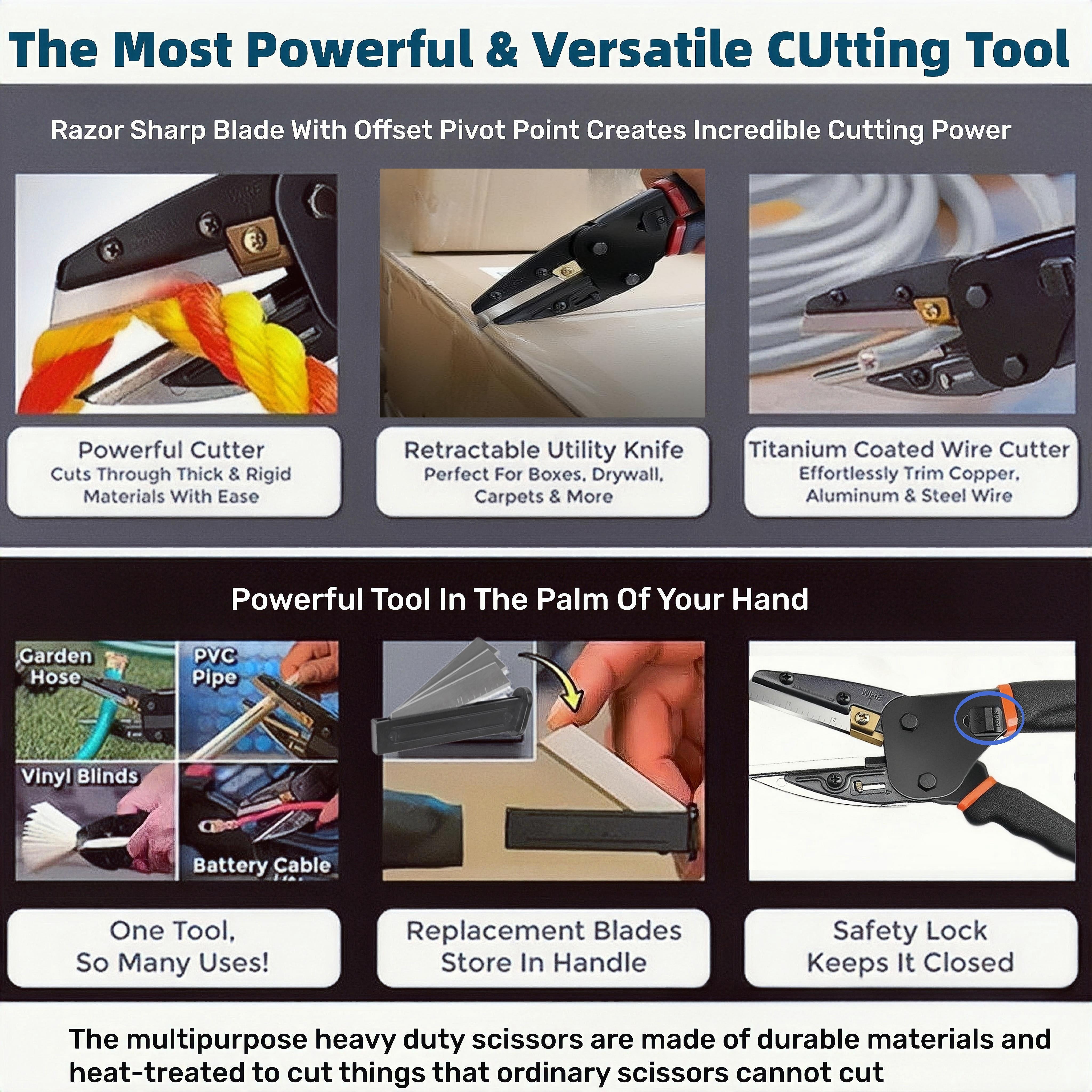 Multipurpose Heavy Duty Scissors All Purpose Utility Industrial Scissors Cutter with Safety Lock, Non-slip Handle, and Thread Trimming - Perfect for Soft Pipe, Fibre, Wood, Iron Wire, Box