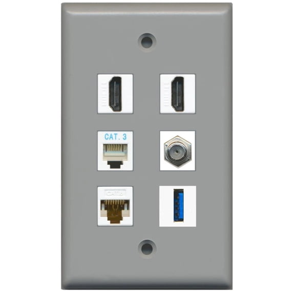 Ultra Spec Cables 2 Port HDMI Coax Cat6 Phone USB Wall Plate Gray w/White Jacks