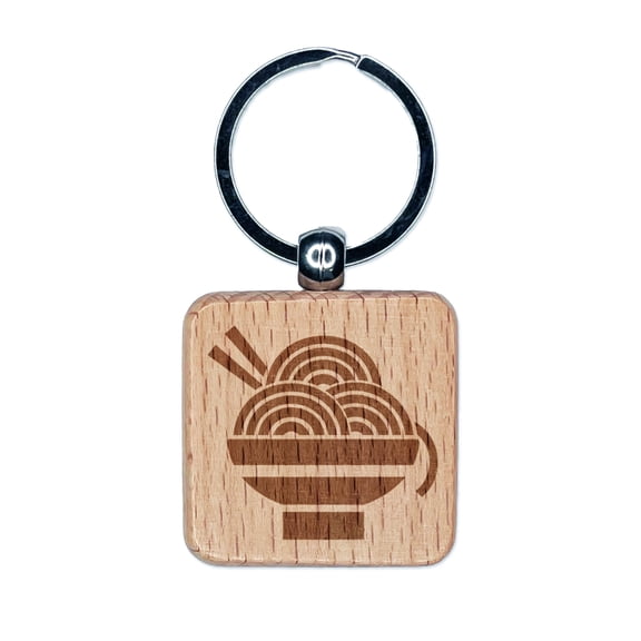 Delicious Ramen Noodles with Chopsticks Square Keychain Charm Tag - Engraved Wood