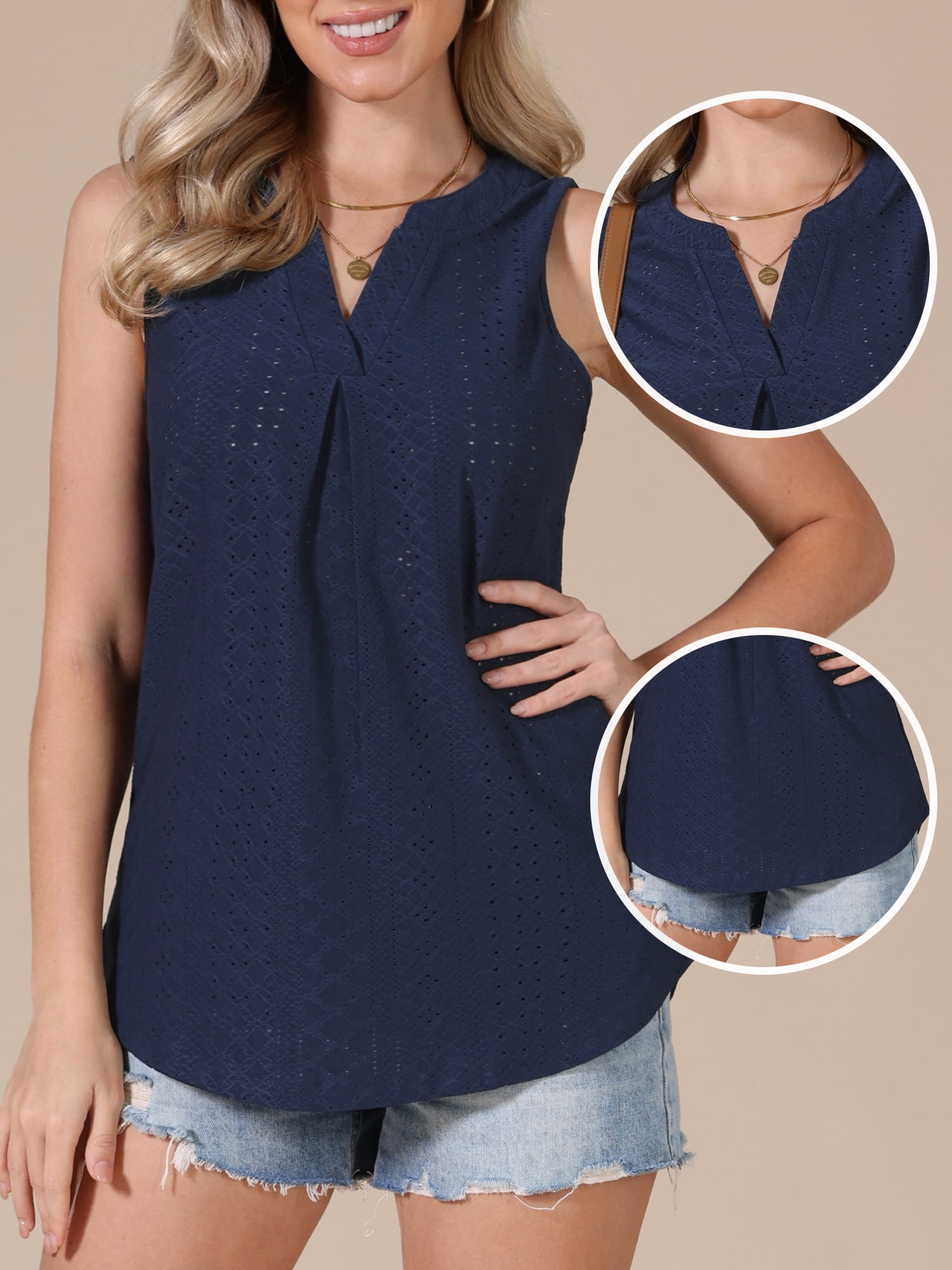 DARING DIVA Women's Eyelet Tank Top Sleeveless V Neck Casual Summer Blouse XL Navy Blue