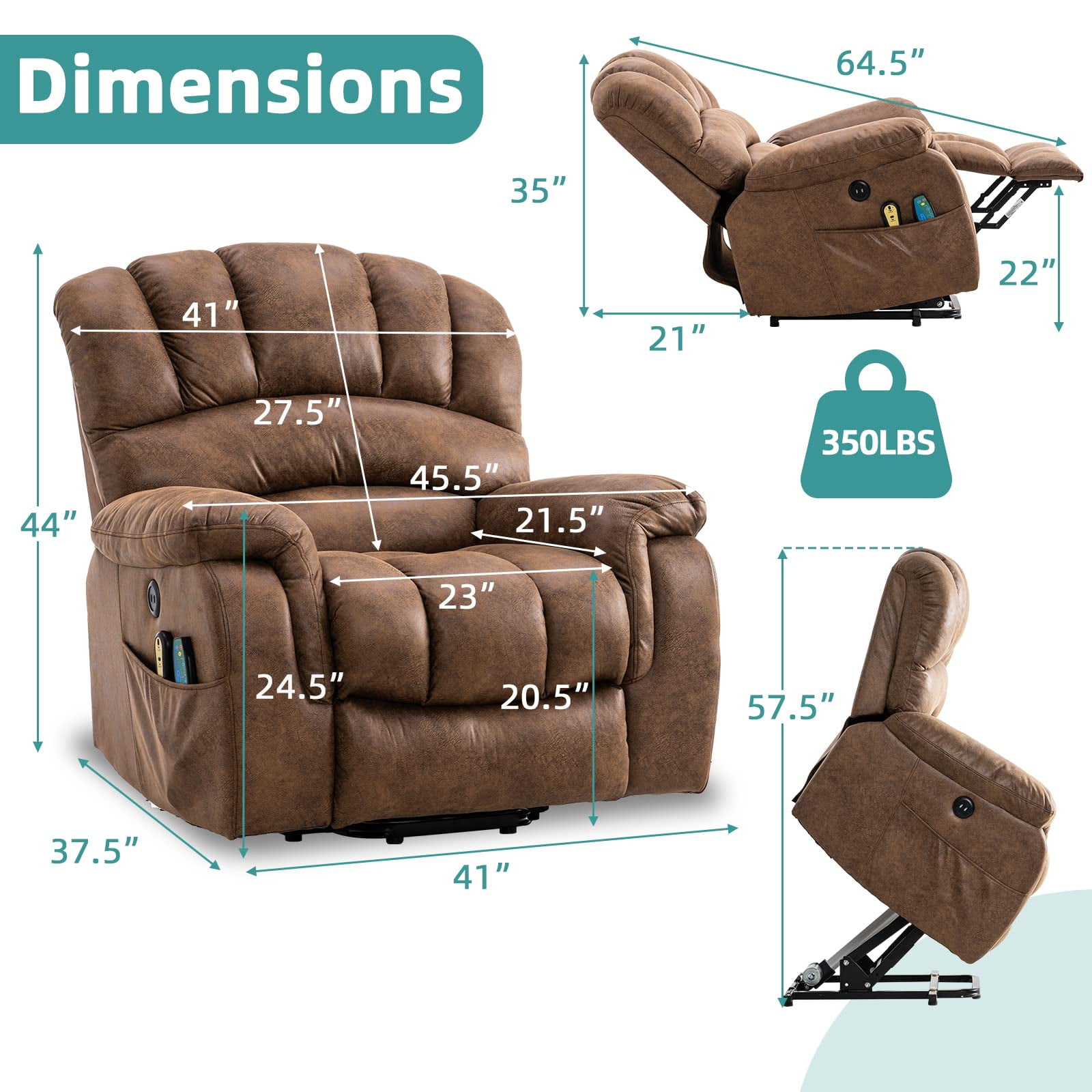 MEETWARM Large Power Lift Electric Recliner Chair with Massage and Heat, Overstuffed Wide Recliner for Elderly Big People, Heavy Duty Recliners with 2 Remote Controls, USB Ports, 2 Side Pocke (Brown)