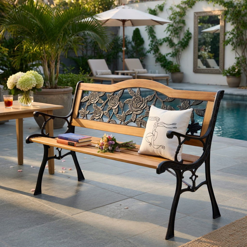 Hommoo Outdoor Wooden Garden Bench Loveseat with Powder-Coated Iron Frame, Heavy, Rust-Resistant, Easy Assembly, Black + Natural