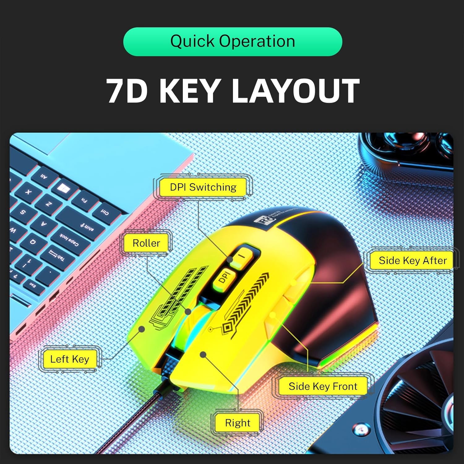 Wired RGB Gaming Mouse, 3600 DPI, 7 Programmable Buttons, Type-C Detachable Cable, Lightweight Silent Ergonomic Mouse for Laptop PC Mac