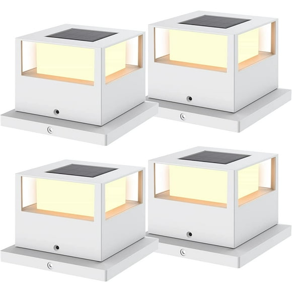 shiyou-4 Pack Solar Post Cap Lights Outdoor, 20 Lumen High Brightness Waterproof LED Fence Solar Lights with Base for 4x4 5x5 6x6 Wooden Posts,White