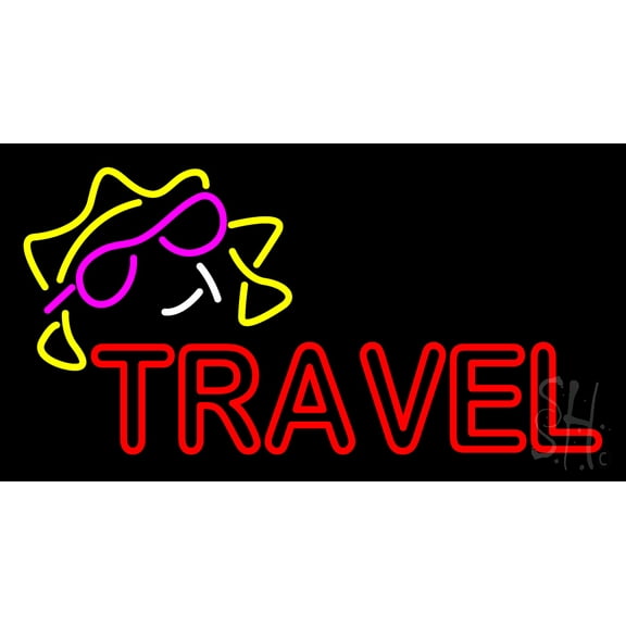 Double Stroke Red Travel LED Neon Sign 13 x 24 - inches, Black Square Cut Acrylic Backing, with Dimmer - Bright and Premium built indoor LED Neon Sign for Décor, Travel agency, Storefront.