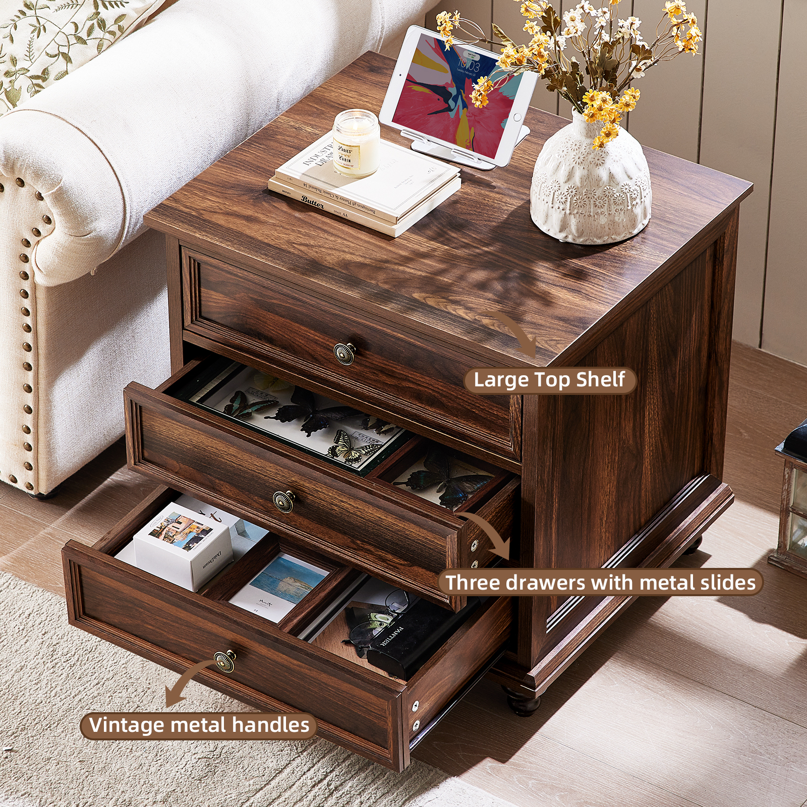3-Drawers Nightstand Chest Dresser for Bedroom Farmhouse Side Table for Living Room,Closet - Brown