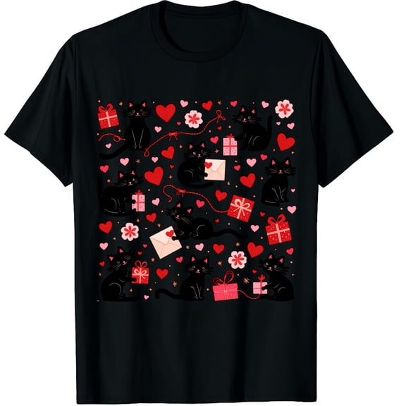 Black Cats Valentine Graphic Crew Neck Short Sleeve T-Shirts (Men's, Women's)
