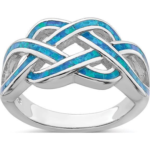 Sterling Silver Rhodium-Plated Lab Created Blue Opal Inlay Celtic Knot Ring (Size 6) Made In China qr6569-6