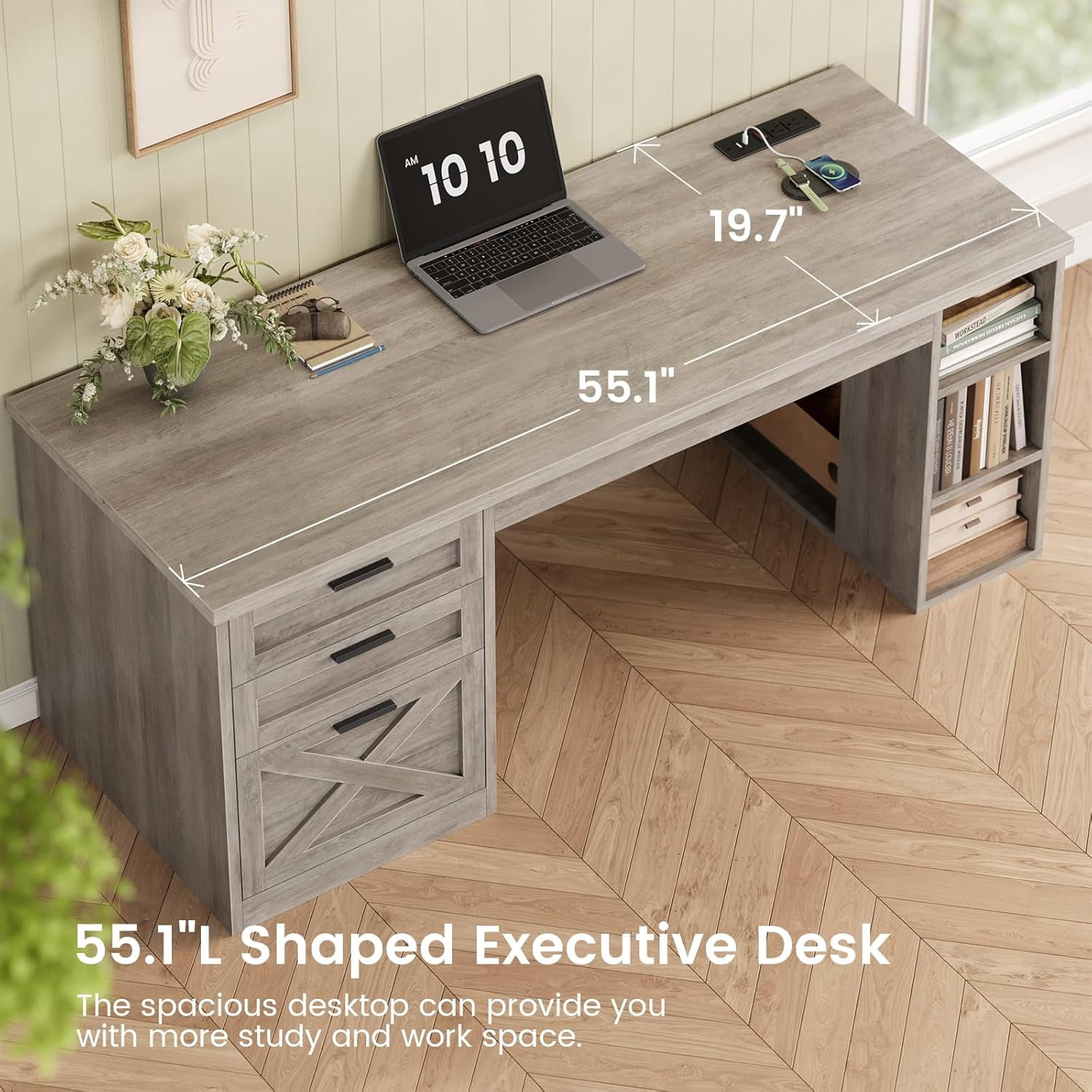 55.1" Farmhouse Desk with 3 Drawers & Open Shelves, Home Office Desk with Power Outlets & File Drawer, Wood Desk with Ample Storage, Computer Desk for Bedroom, Grey