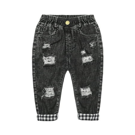 

KIDSCOOL SPACE Toddler Little Kid Ripped Holes Elastic Waist Plaid Lining Jeans
