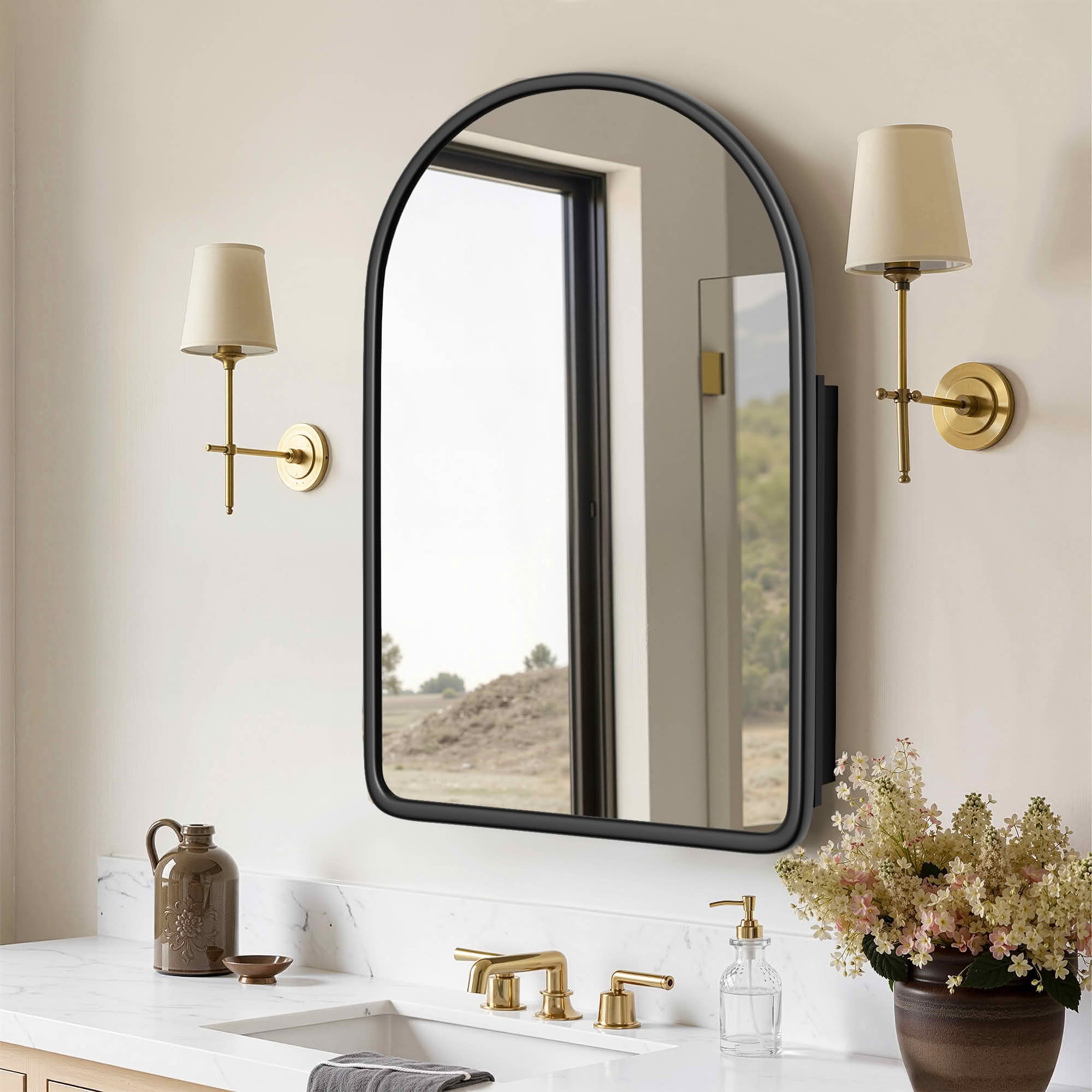 MAYEERTY 36x24x5 Inch Black Wood Round Corner Arched Medicine Cabinet for Bathroom