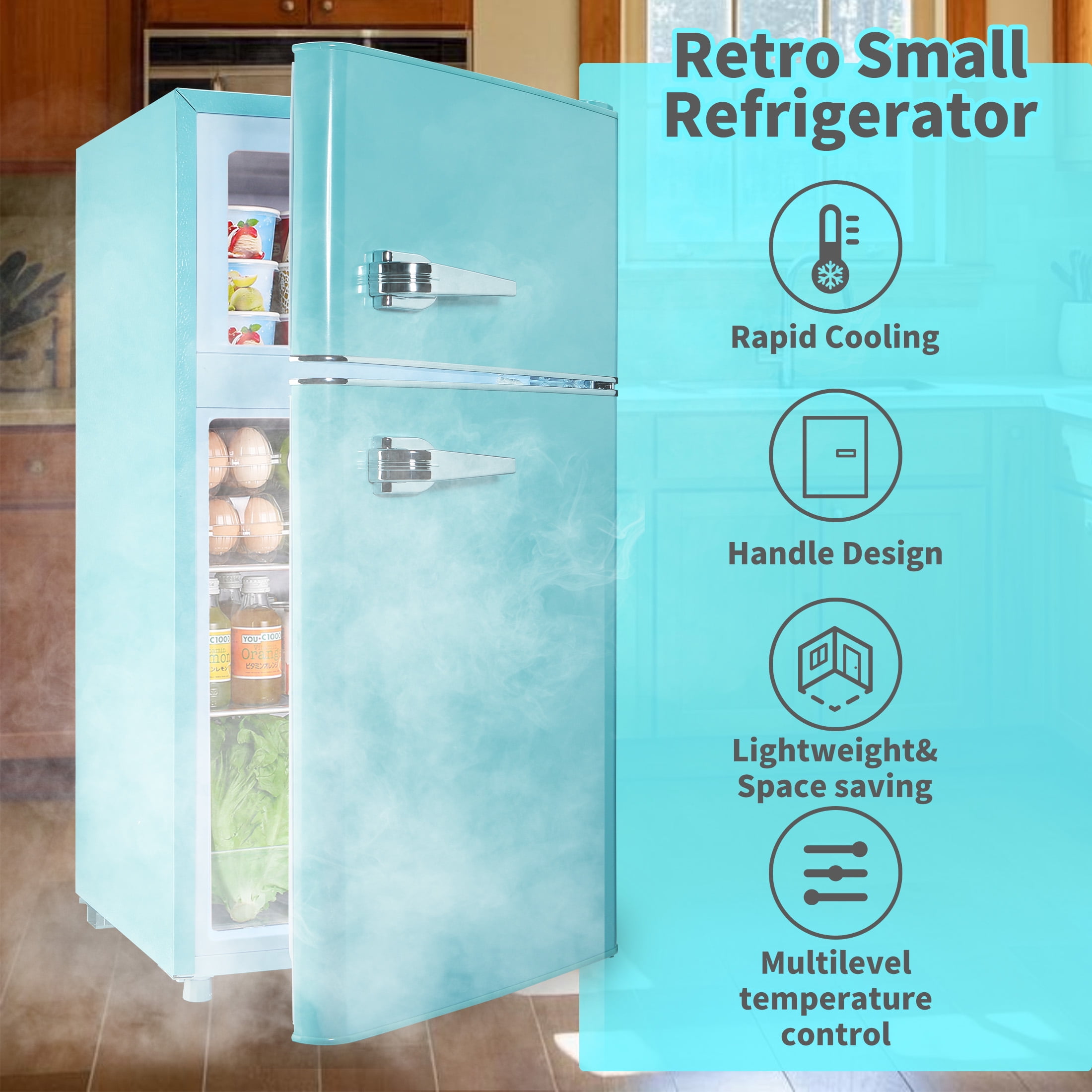 2 Door Mini Fridge with Freezer,3.5Cu.ft Small Freezer,7 Adjustable Thermostat,Blue,New