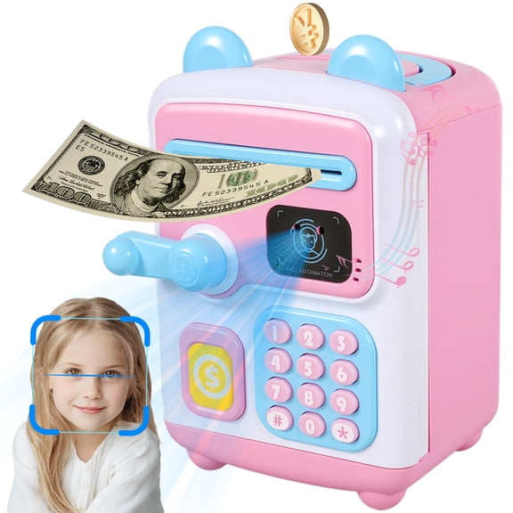 Jokapy ATM Piggy Bank for Kids Girls, Face ID Password Unlocking Electronic Money Bank Machine Toy, Age 3 , Pink