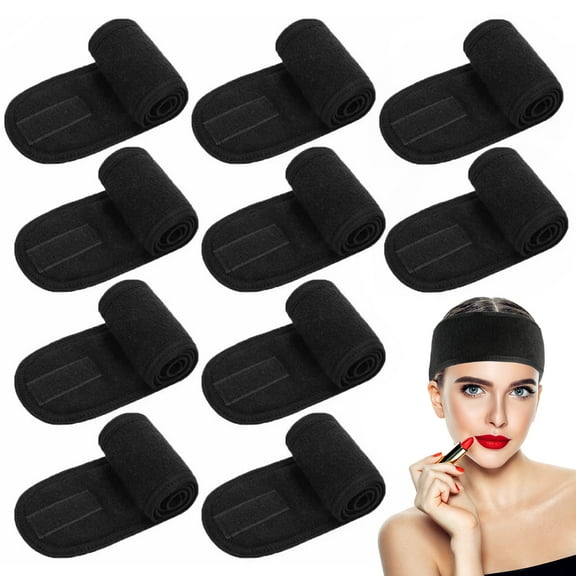 10 PCS Women SPA Head Wrap Makeup Hair Band with Magic Tape, Adjustable Terry Cloth Stretch Headbands for Face Washing, Bath, Shower, Facial Mask, Yoga and Sports, Black