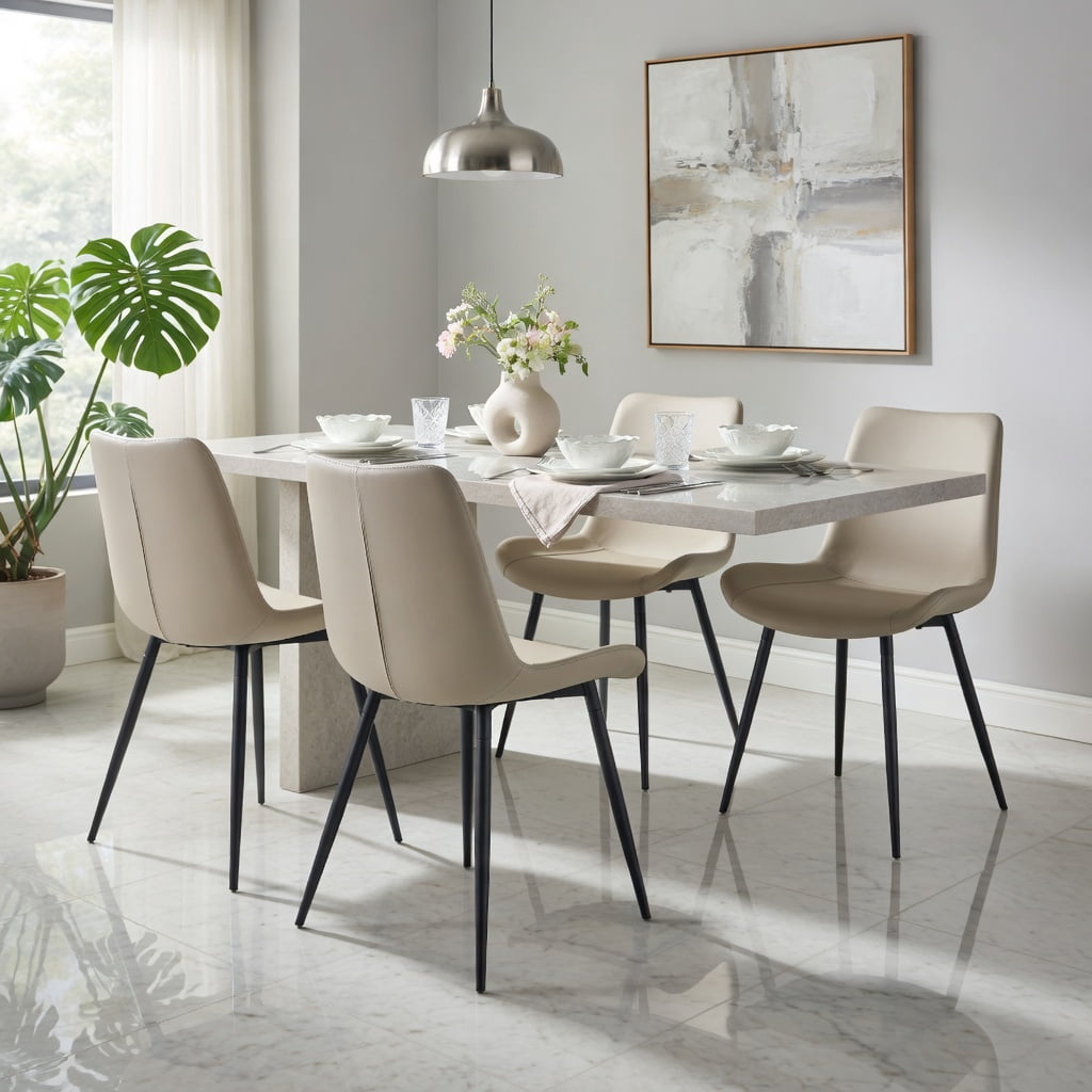 Hommoo Set of 4 Modern Faux Leather Dining Chairs with Black Metal Cross Legs, Curved Wide Cushion for Superior Comfort in Restaurants, Kitchens, Offices & Bedrooms, Light Gray
