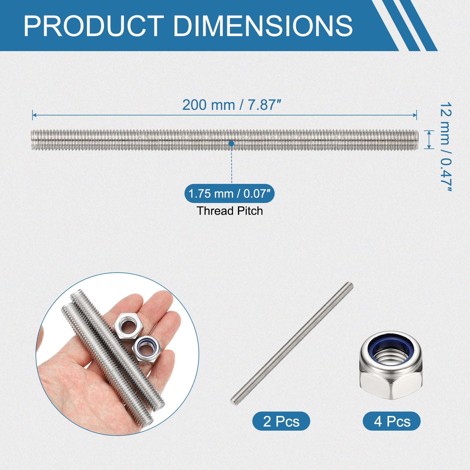 Uxcell Fully Threaded Rod, M12 x 200mm 304 Stainless Steel Right Hand Thread Bar Studs with Nuts, 2 Pcs