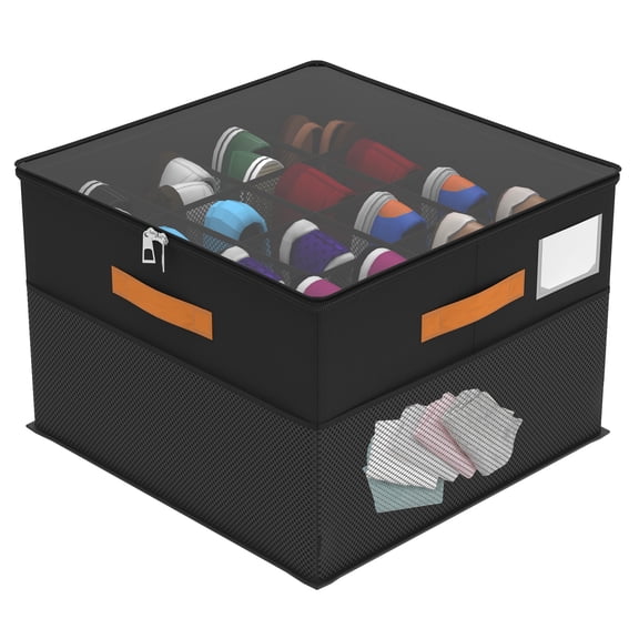 Shoe Organizer for Closet, Foldable Shoe Storage Containers with Clear Cover, Bottom Support, Fits up to 16 Pairs, Black