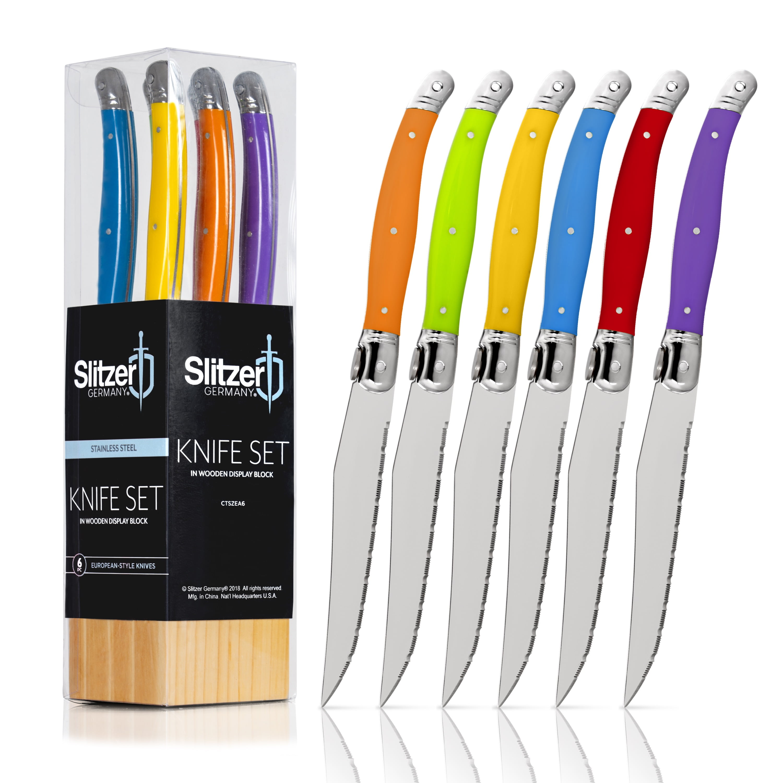Slitzer Germany 6 Piece European Style Steak Knife Set with Wood Block