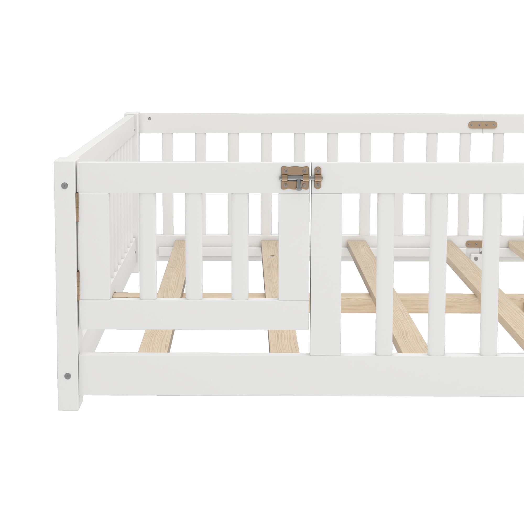 Jopath Queen Size Floor Bed Frame,Montessori Bed with Guardrails and Door,with Slatted Base,for Kids,Boys,Girls,White