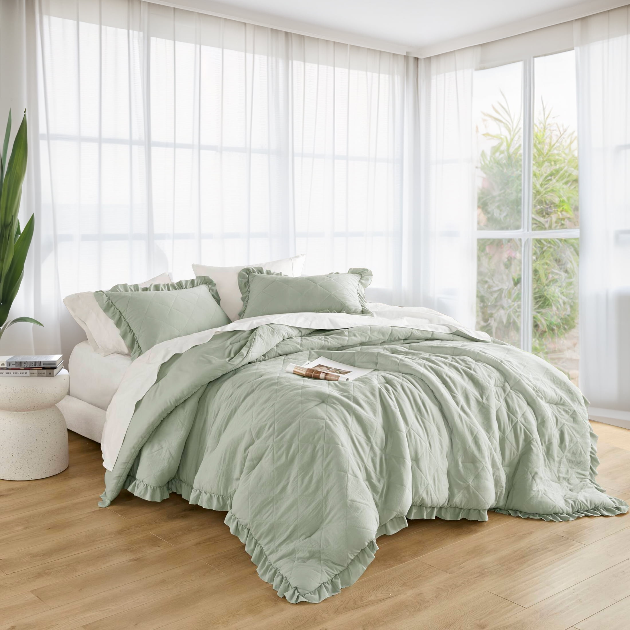 Regency Heights Full/Queen Comforter Set Sage, 3 Pieces Quilted Ruffle Comforters Full/Queen Size, Solid Bedding Comforters Sets, Gift for Women