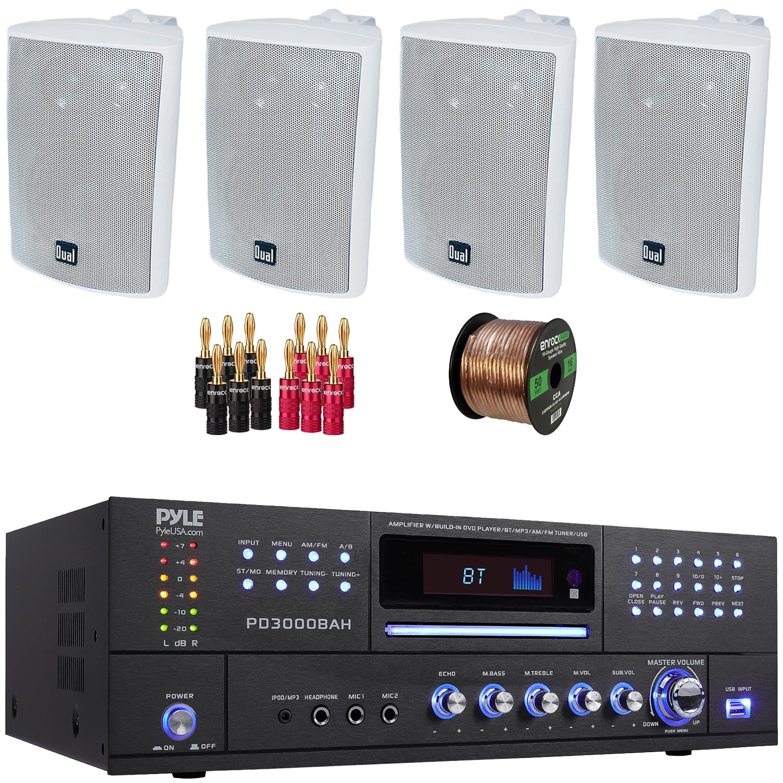 Pyle PD3000BAH 4 Channel 4000W Wireless Bluetooth USB DVD Player FM Radio Home Audio Stereo Amplifier Receiver, 4x 4" 200W Max 3-Way Indoor/Outdoor White Speakers, Banana Plugs, Speaker Wire
