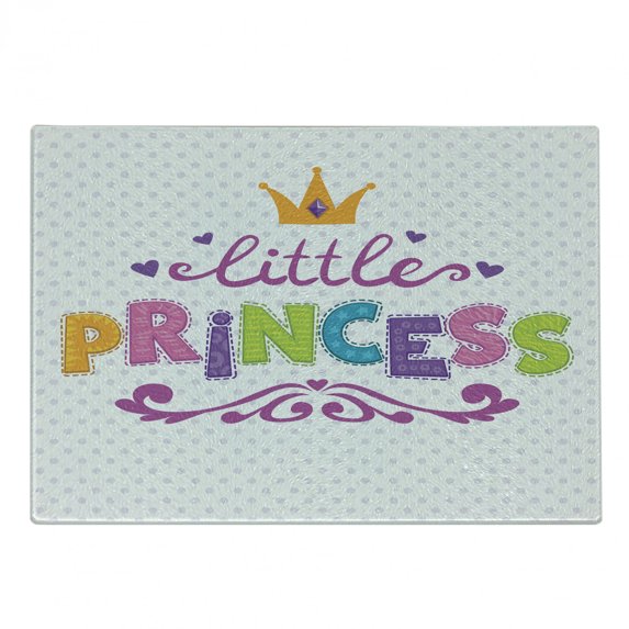 Feminine Cutting Board, Little Cartoon Lettering on Polka Dot Background Cheerful Illustration, Decorative Tempered Glass Cutting and Serving Board, Small Size, Fuchsia Green, by Ambesonne