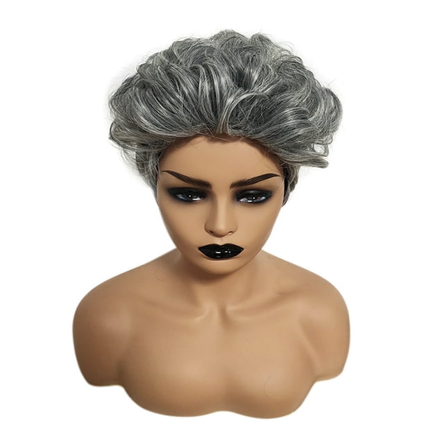 Femmes Ombre Gris Noir Perruque Ondulée Courte Perruque Bouclée en Fibre Synthétique