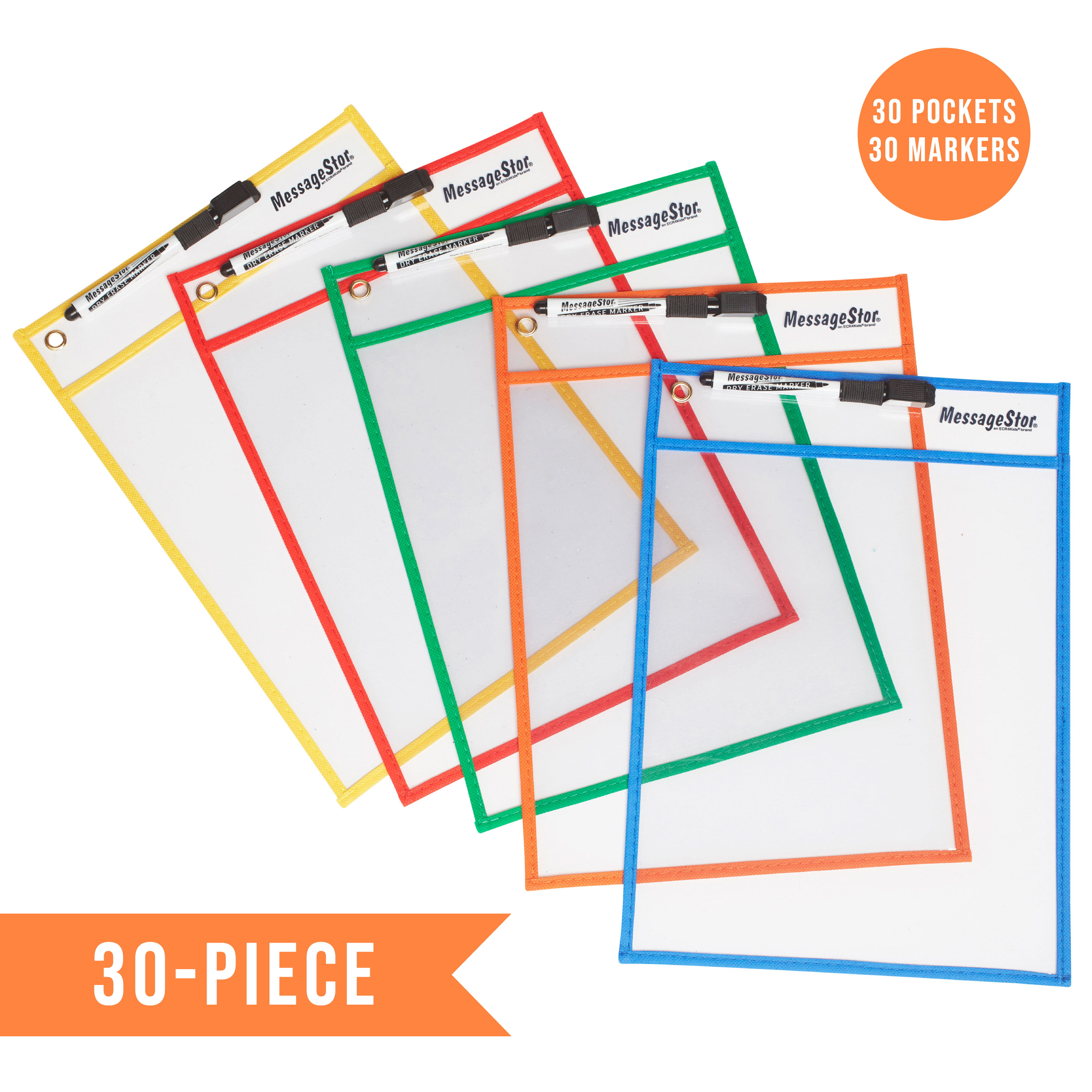 ECR4Kids Dry-Erase Reusable Clear Pockets Sleeves 10" x 14" 30pc Assorted 