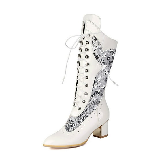 Xiaoxatg Women's Mid-Calf Boots Sequined Cool Design Thick Heel Pointed Hollow Breathable Mesh Style for Spring and Summer Large Size European Trend 8 White