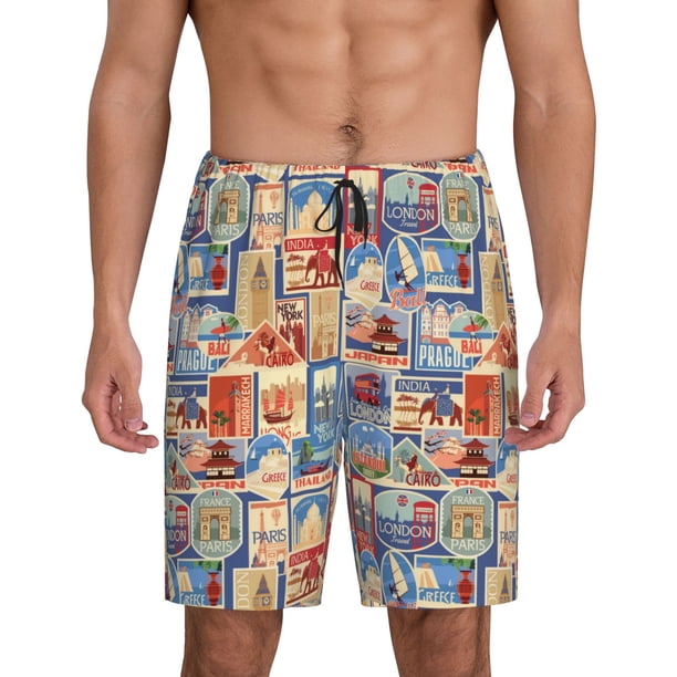 Balery Set Of Travel Vintage Pantalones cortos de pijama de punto de algodón para hombre con cinturilla y bolsillos-X-Large